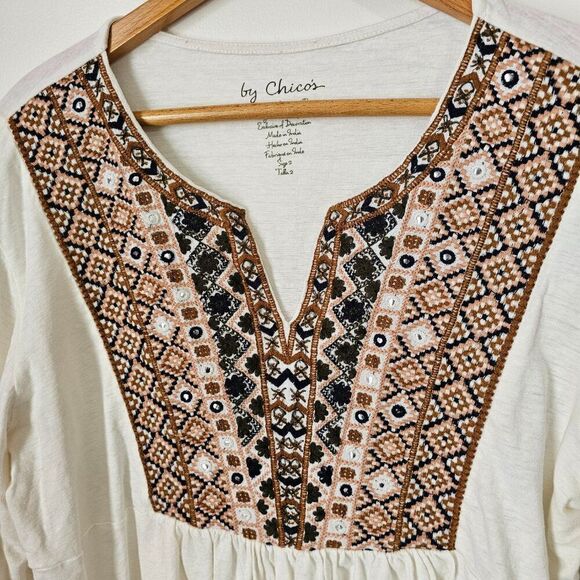 EUC CHICO'S LINEN BLEND EMBELLISHED SPLIT V SCOOP NECK BOHO TOP SIZE 2 WMNS L - Picture 5 of 13
